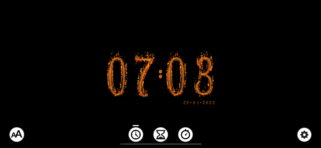 TimeFont app interface showing a digital clock with numbers in a burning fire font effect against a black background.