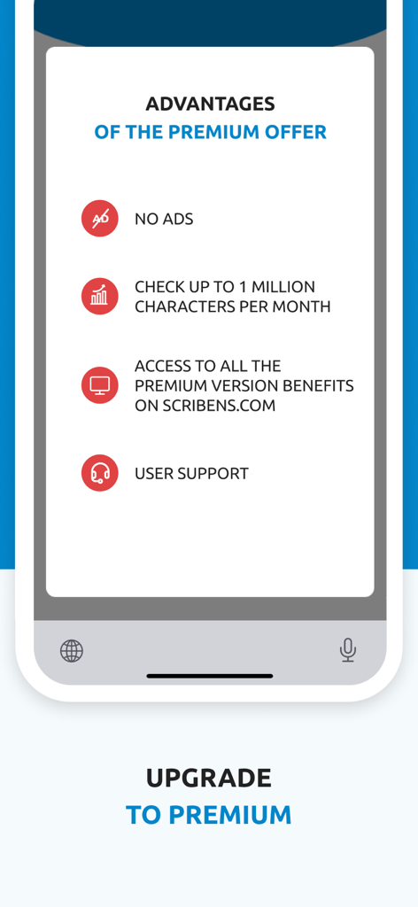 Scribens - Correcteur - Scribens Premium upgrade screen showing features like no ads and one million character check limit