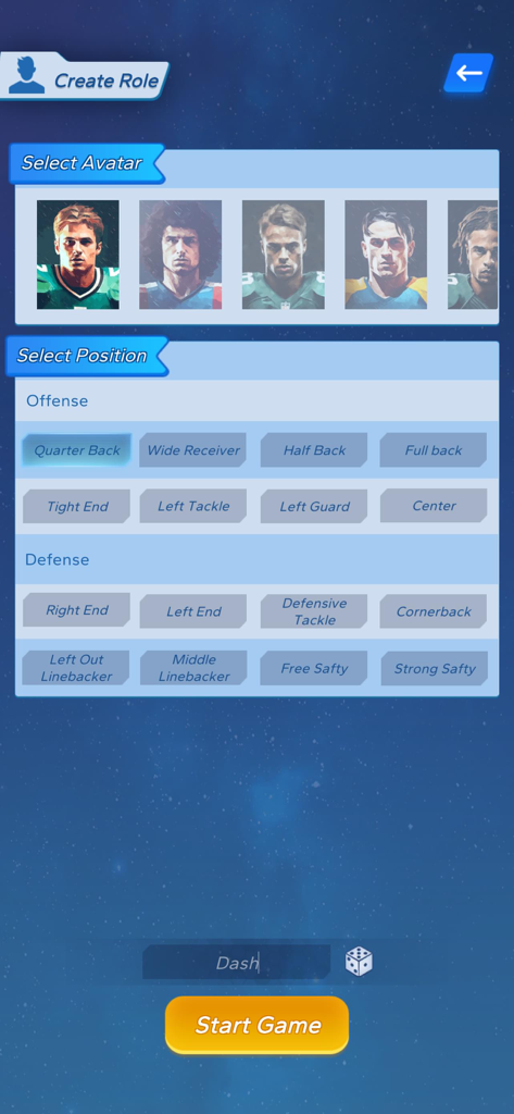 Football GOAT - Tela de criação de personagem no Football GOAT onde os usuários selecionam um avatar e uma posição como Quarter Back ou Wide Receiver