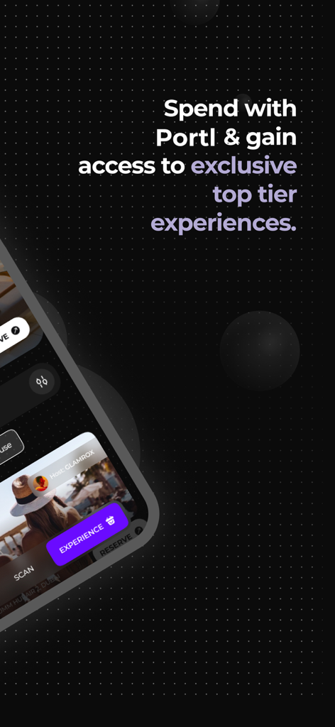 A promotional screen for the Portl app highlighting access to exclusive top tier lifestyle experiences.