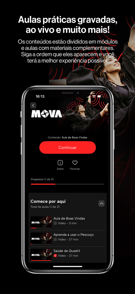 Plataforma MOVA - Interfaccia dell'app Plataforma MOVA che mostra moduli di allenamento di mobilità e lezioni di benvenuto.