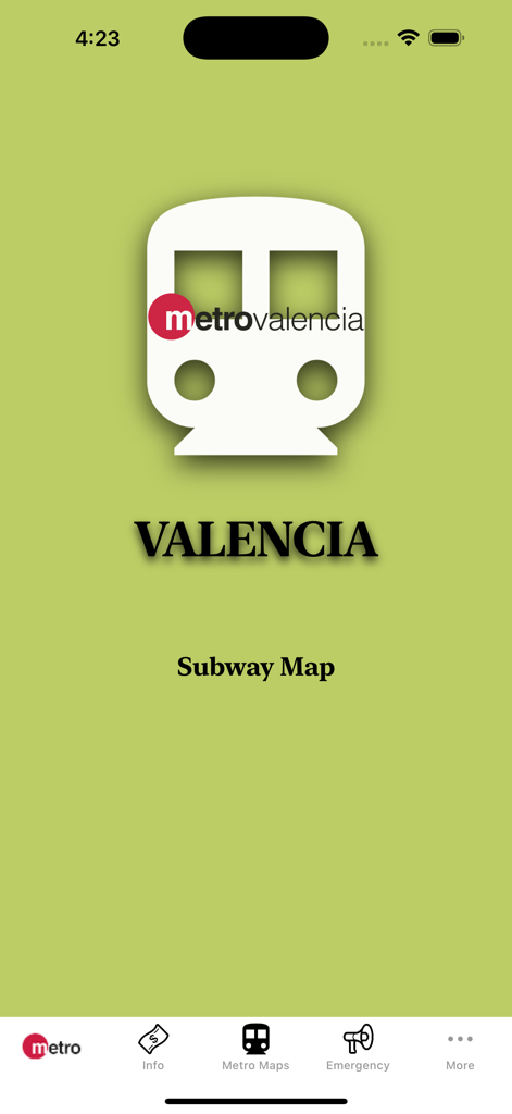 Pantalla de inicio de la aplicación Valencia Subway Map mostrando un icono de tren y un menú de navegación sobre un fondo verde