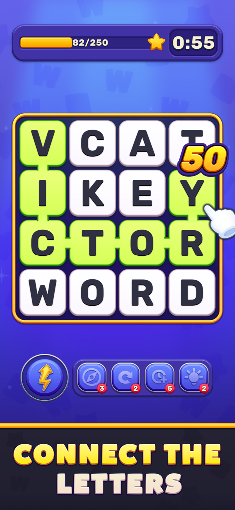 Wordster - Wordster mobile game screen showing a player connecting letters to form the word victor on a four by four grid with a timer and score bar