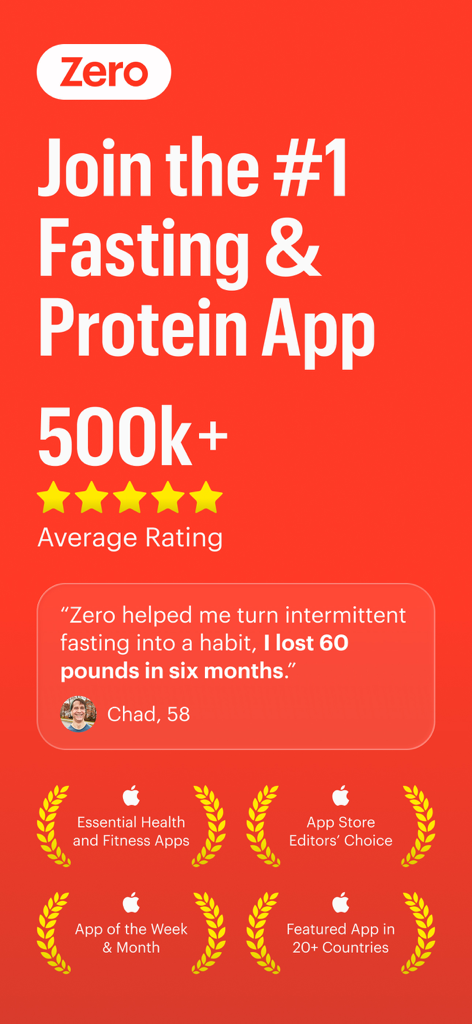Zero: Fasting & Food Tracker - Pantalla promocional de la aplicación Zero con calificaciones de cinco estrellas, testimonio de usuario y premios de la tienda de aplicaciones