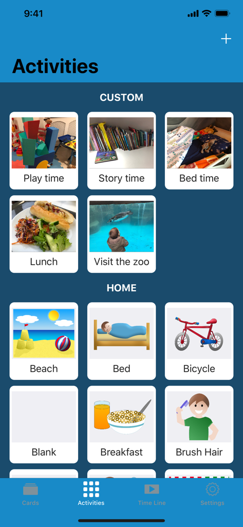Pantalla de actividades de la aplicación Now and Next que muestra una cuadrícula de tarjetas fotográficas personalizadas e íconos de actividades del hogar.