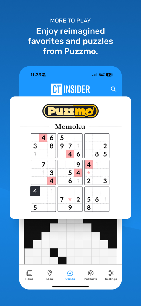 CT Insider - Puzzmo의 일일 퍼즐 및 재해석된 게임을 보여주는 CT Insider 앱 인터페이스