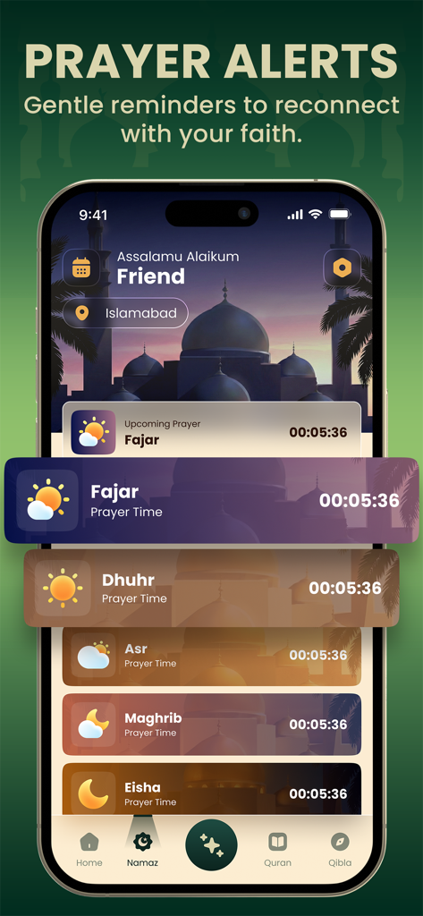 Ummah Pro: Adhan,Qibla & Quran - Mobile app screenshot of Ummah Pro showing prayer alerts for Fajar Dhuhr Asr Maghrib and Eisha