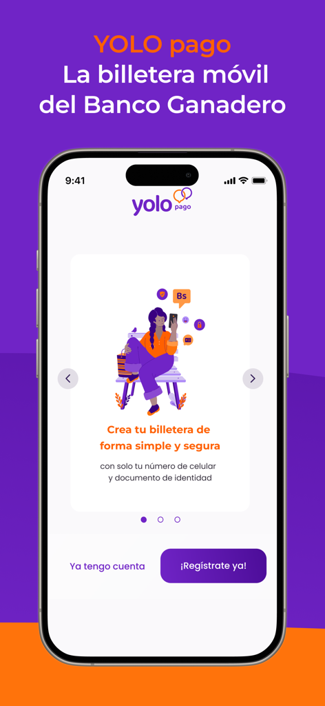 Yolo Pago - Yolo Pago mobile wallet registration screen showing sign up options for Banco Ganadero users.