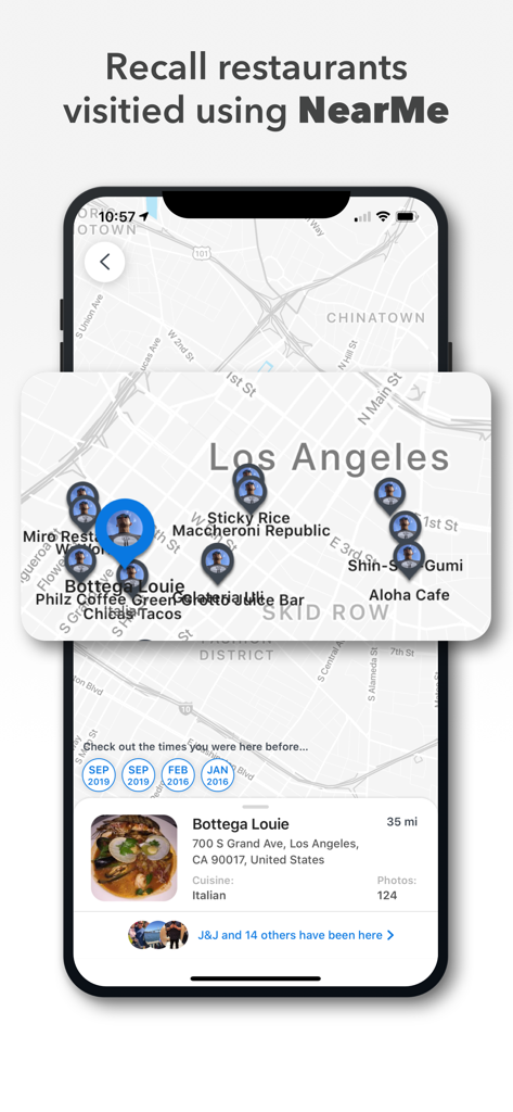 YUMMI: Restaurant & Food Diary - Interfaz de mapa en la aplicación Yummi que muestra pines para restaurantes visitados en Los Ángeles con una tarjeta detallada para Bottega Louie que incluye fotos de comida e historial de visitas.