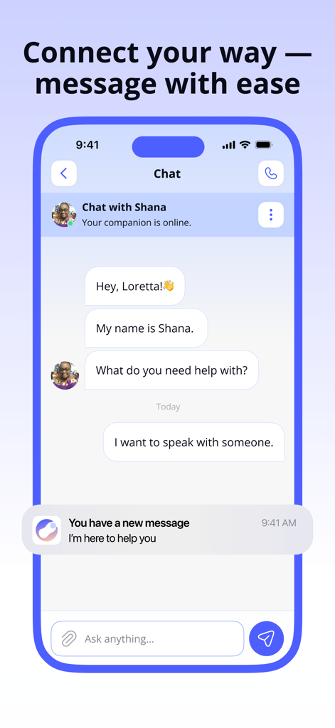 NewCircle: Talk & Support - Messaging screen of the NewCircle app showing a friendly text conversation between a companion and a user
