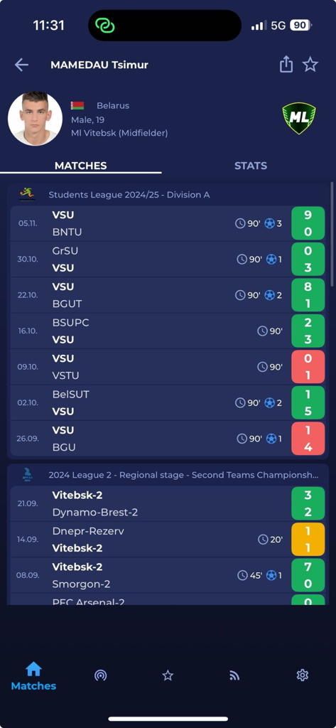 Player profile view in the Belarus Football app displaying match history and scores for Tsimur Mamedau