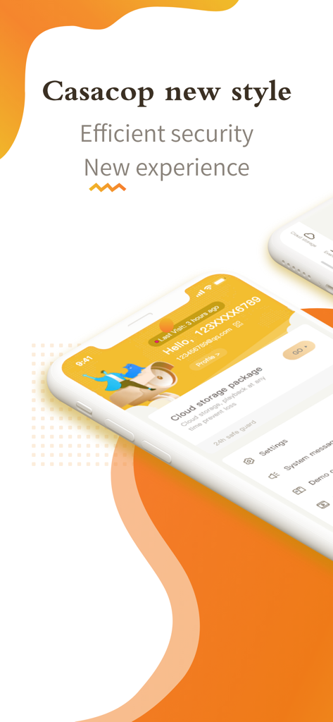 Casacop - Casacop smart home security app interface on a smartphone screen showing user profile and cloud storage options