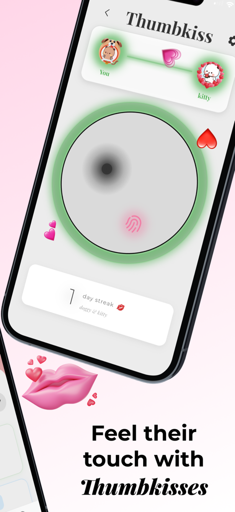Bonded Together - Interface of the Bonded Together app showcasing the Thumbkiss feature for digital intimacy between couples
