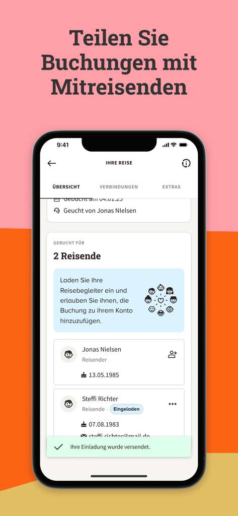 Interface de l'application MyDERTOUR montrant comment partager les détails du voyage et inviter d'autres voyageurs à une réservation.
