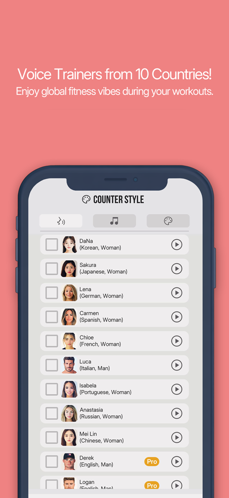 My Voice Counter : AI Trainer - Pantalla de selección de entrenadores de voz de IA multilingües para el conteo de entrenamiento.