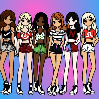 a group of girls wearing crop tops and shorts