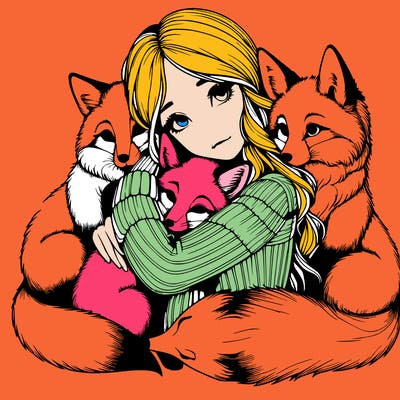 realistic, looking girl hugging, foxes