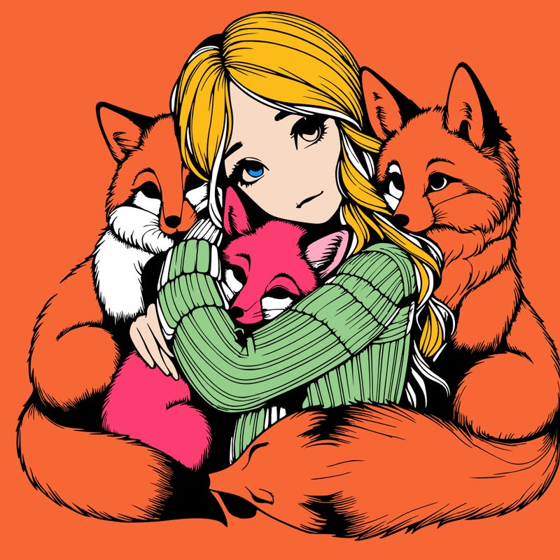 realistic, looking girl hugging, foxes