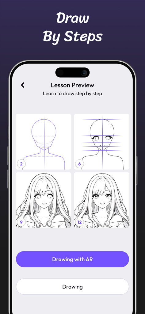 A mobile app screen showing a step-by-step anime character drawing tutorial.