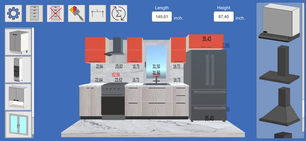 3D kitchen planner interface showing a linear layout with cabinets and appliances measured in inches.