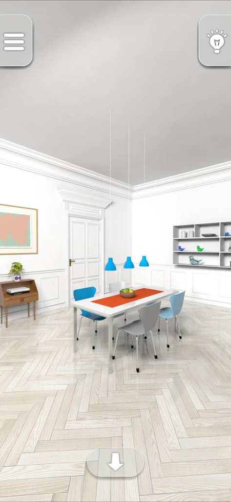 Minimalist Scandinavian dining room in a puzzle game
