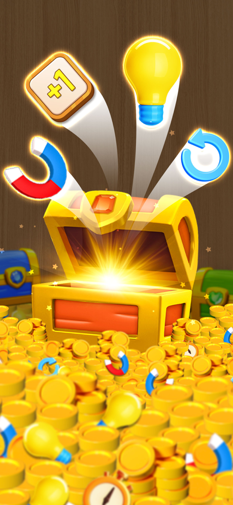 Match Triple 3D Untimed No Ads - Un cofre del tesoro dorado brillante desbordante de monedas y potenciadores del juego como imanes y bombillas.