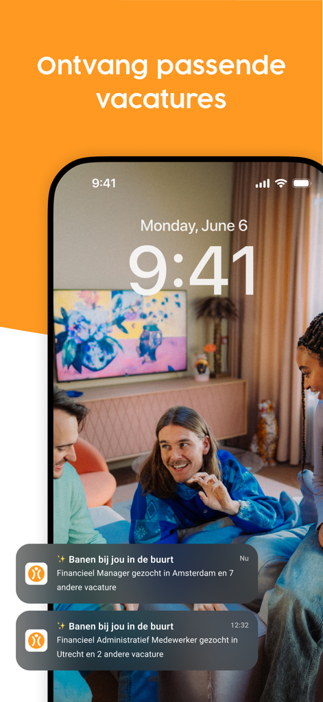 Sperrbildschirm eines Smartphones, der Jobbenachrichtigungen für lokale Stellenangebote von der Nationale Vacaturebank App anzeigt