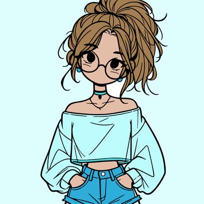 girl with a messy ponytail glasses a baggy crop top and jean shorts