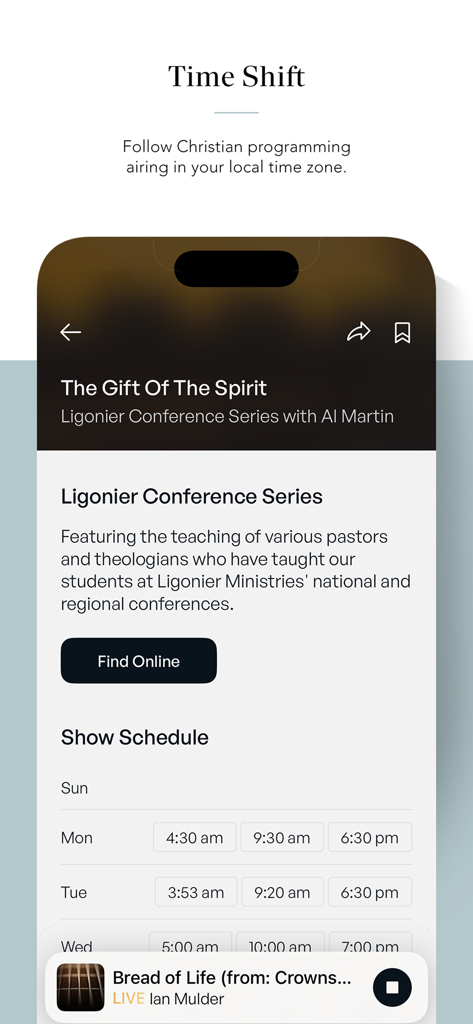 RefNet Christian Radio app interface showing the Time Shift feature and program schedule for Ligonier Conference Series.