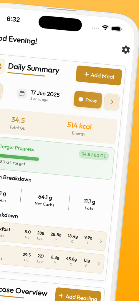 Glycemic Index Guide Tracker - Dashboard of Glycemic Index Guide Tracker showing daily summary of glycemic load and nutrition consumption