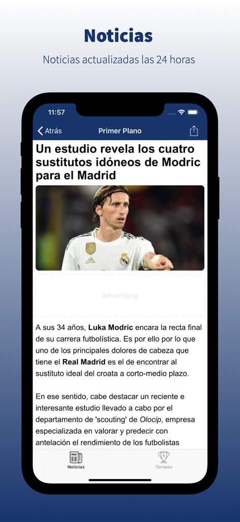Interfaz de la aplicación Bernabeu Digital mostrando un artículo de noticias sobre el futbolista del Real Madrid Luka Modric.