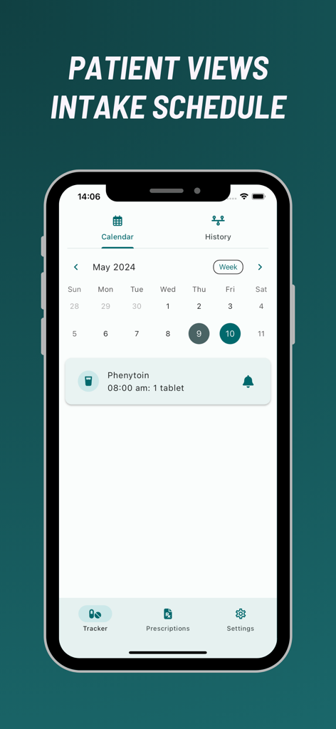 SmartDose app interface displaying a patient medication intake schedule with a monthly calendar view and specific prescription details
