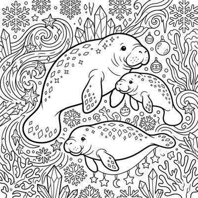 Embrace the serene beauty of the season with this captivating coloring page featuring gentle manatees in a frosty underwater world. Adorned with snowflakes and crystal details, it's a delightful scene ready for your creative touch.