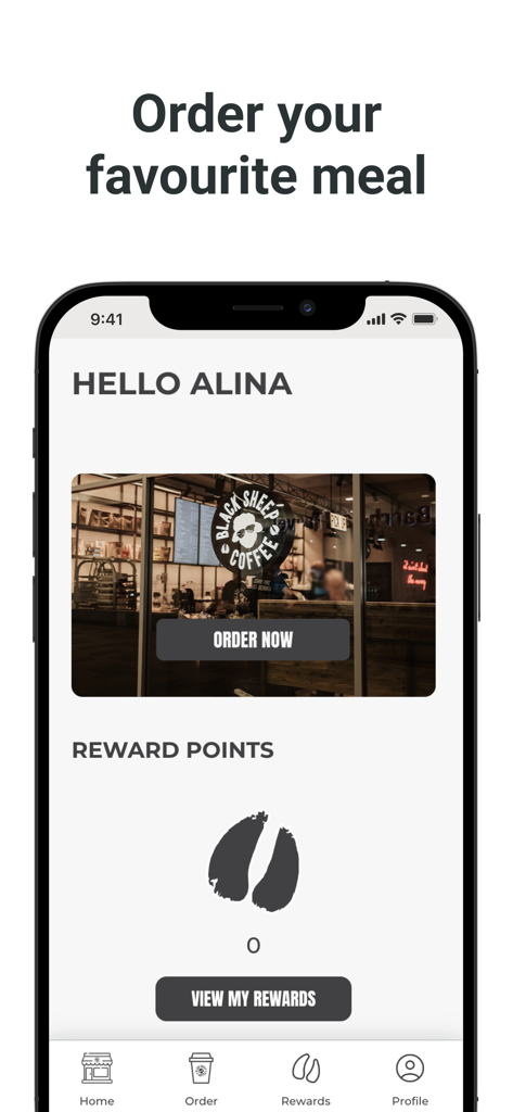 Black Sheep Coffee US - Black Sheep Coffee US app home screen with order now and rewards features