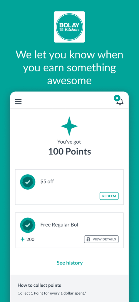Bolay Fresh Bold Kitchen - Pantalla de recompensas de fidelidad de la app móvil Bolay mostrando el saldo de puntos y las opciones de descuento