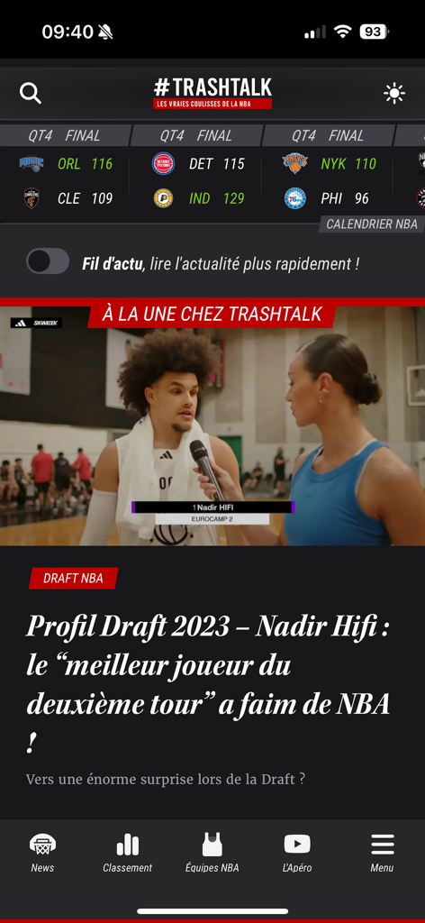 TrashTalk - Actus & vidéos NBA - TrashTalk app home screen showing NBA scores and a featured news article about the draft