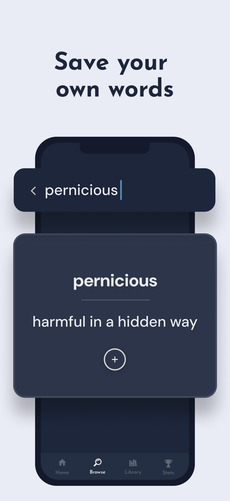 Interface of nodu app showing a word search and save feature with the definition of pernicious