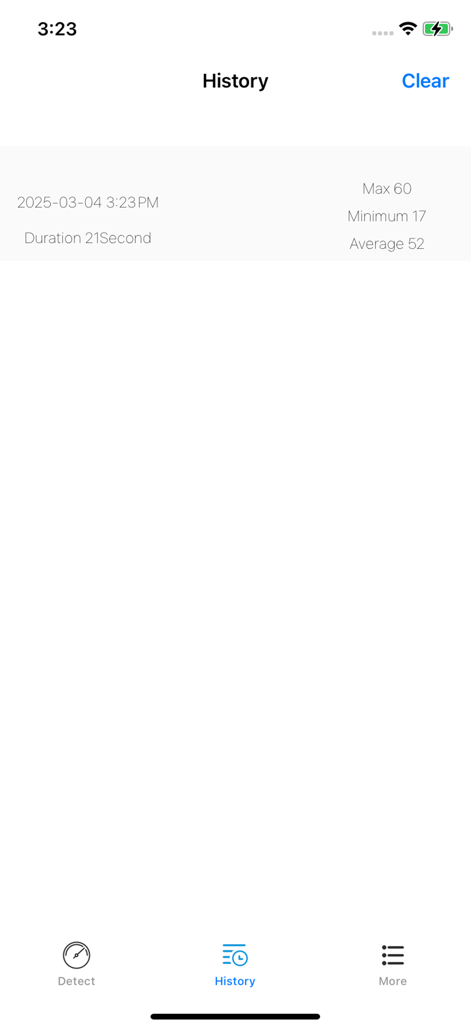 Decibel-Noise Testing Artifact - Measurement history in the decibel noise testing app showing recorded noise levels