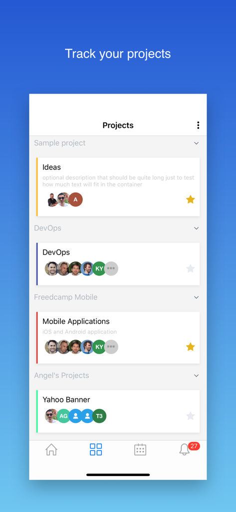Freedcamp - L'interfaccia dell'app mobile Freedcamp che mostra un elenco di progetti attivi e membri del team che collaborano