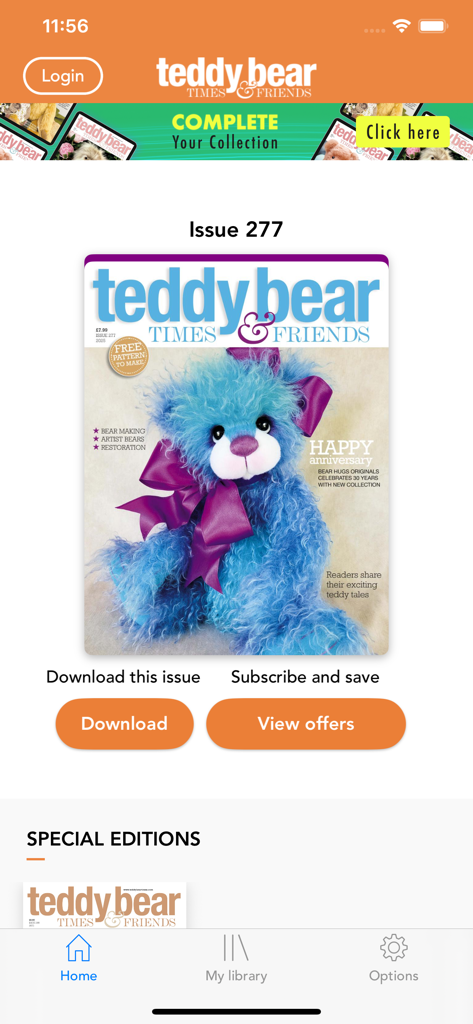 Teddy Bear Times Magazine app interface showing issue 277 with a blue bear cover