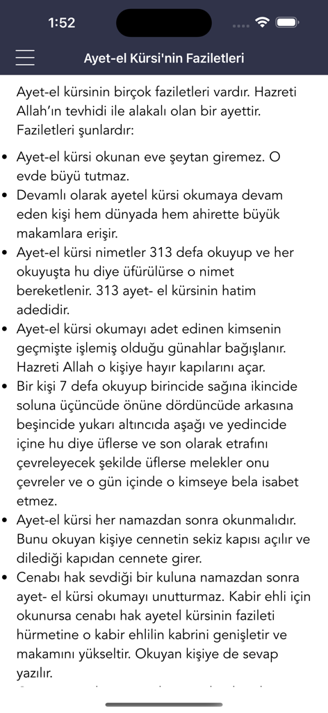 Ayetel Kürsi Duası - A list of virtues and spiritual benefits of reciting the Ayetel Kursi prayer in the Turkish language