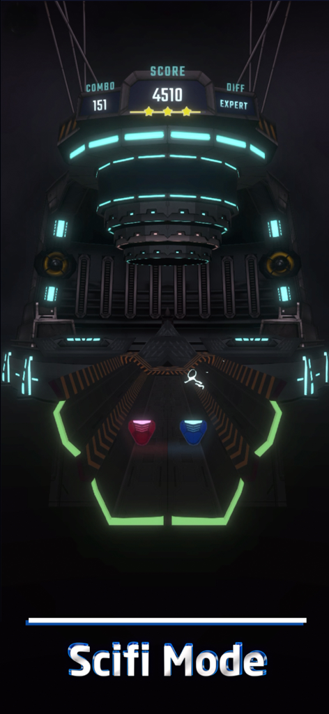 Beat Swiper - Jugabilidad de Beat Swiper mostrando el Modo Sci-fi con bloques de neón y seguimiento de puntuación de nivel experto