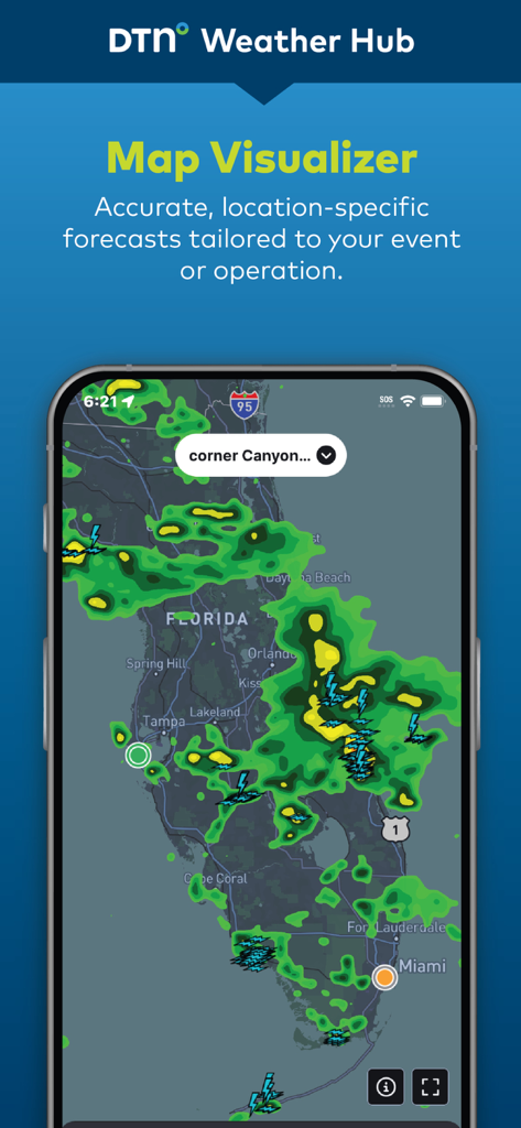 DTN Weather Hub - Interactive weather radar map with lightning indicators in the DTN Weather Hub app