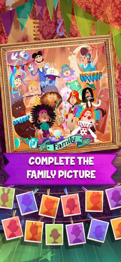 Retrato familiar circense en un marco dorado con un título para completar la foto familiar.