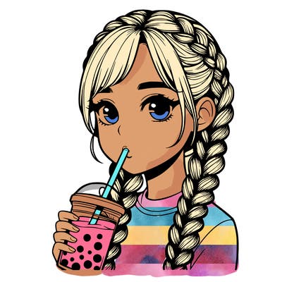 realistic girl with braided hair drinking boba