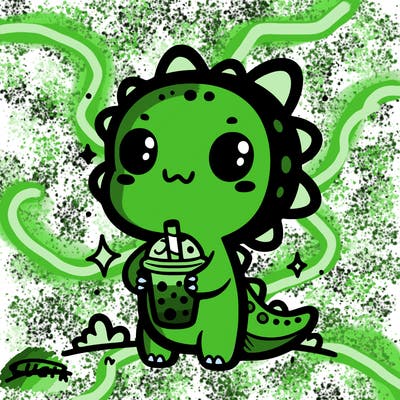 cute dinosaur holding boba