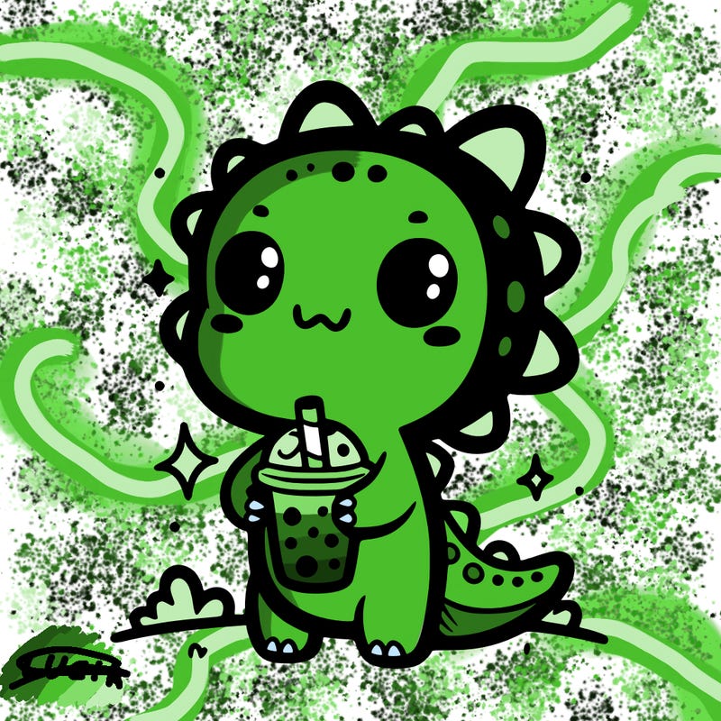 cute dinosaur holding boba