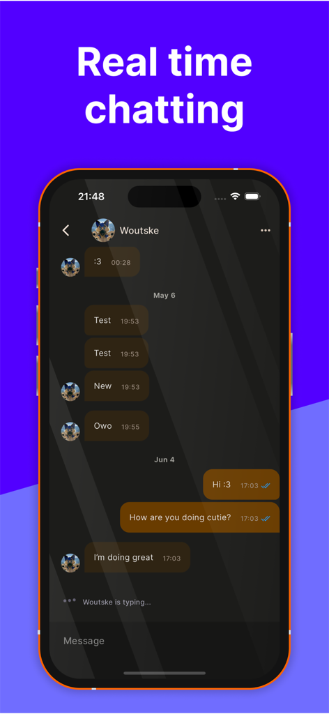 BARQ! - A smartphone screen showing the real time chatting feature of the BARQ social app for furries