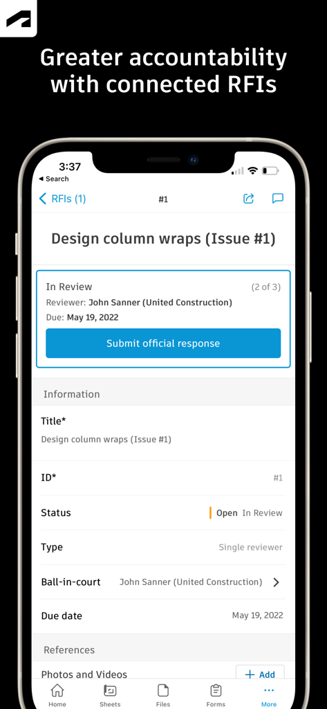 Autodesk Construction Cloud app showing an RFI detail screen for design column wraps with status and reviewer information