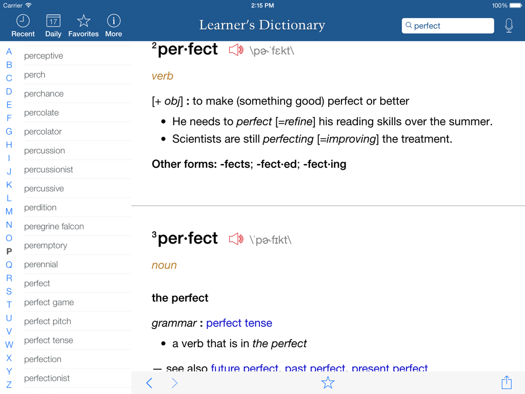 Learner's Dictionary - English HD - Merriam-Webster Learner's Dictionary app on iPad showing word definitions and usage examples